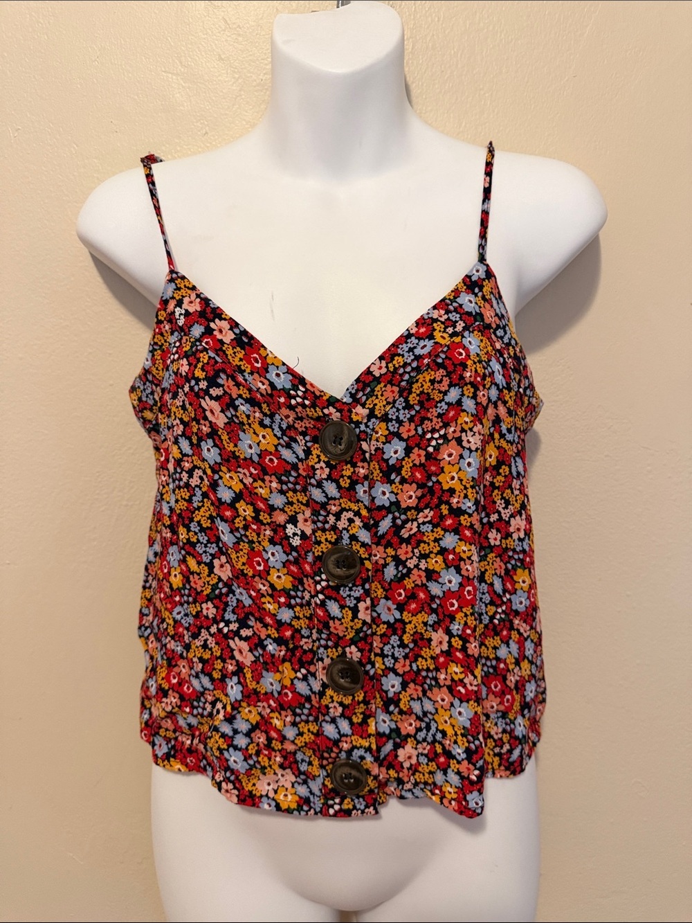 Garage Black Multi Floral Button-Front Spaghetti Strap Top
